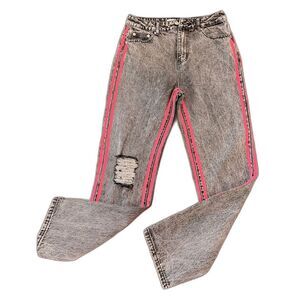 Adika Neon Stripe High Rise Straight Jeans Distressed Knees Gray Pink Women M